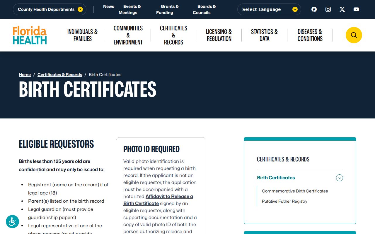 Florida birth certificate access page for Polk County previous residents research