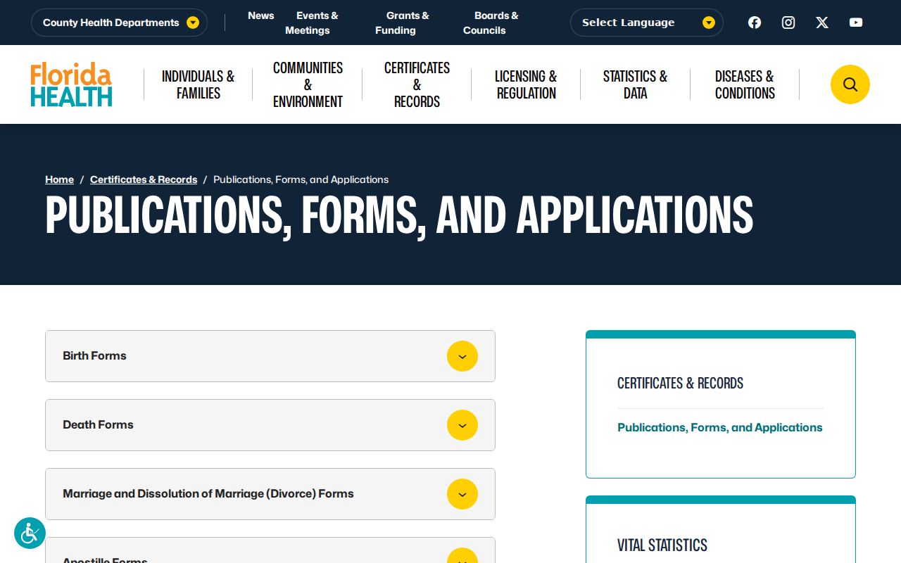 Florida vital records application index for previous residents in Polk County